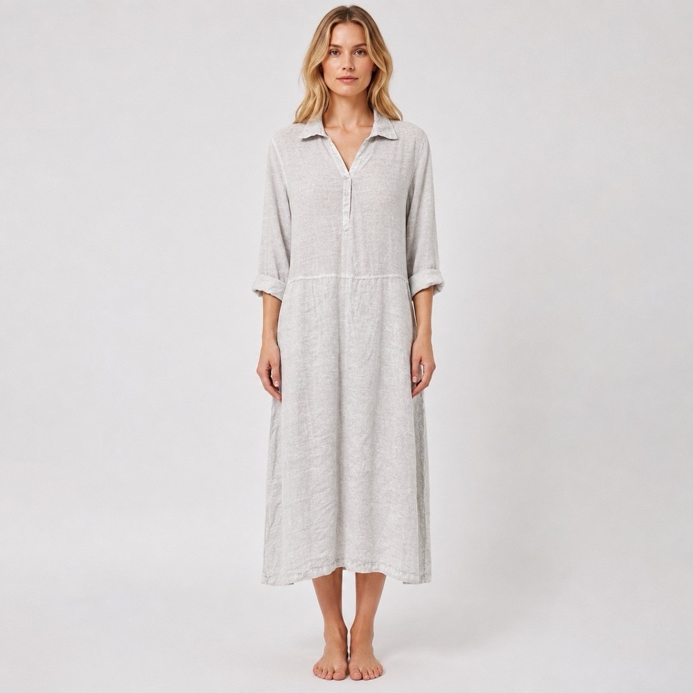 120% Lino Kat Shirt Dress Gray Linen Lagenlook Luxury Beach Minimalist Sz Large